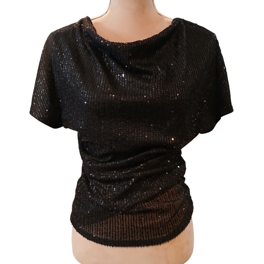 Grace Karin Small Black Sequin Cowl Neck Ruched Blouse Short Sleeve Party Top